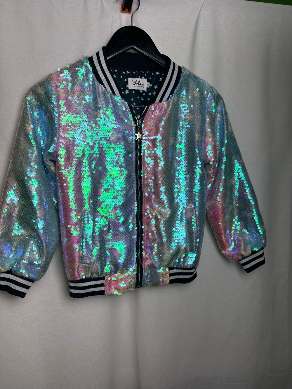 lola Iridescent Sequin Bomber Jacket - Silver with Green & Pink Shimmer